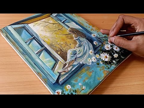 How to Draw a Girl Sitting on a Window/ Easy Acrylic Painting for Beginners