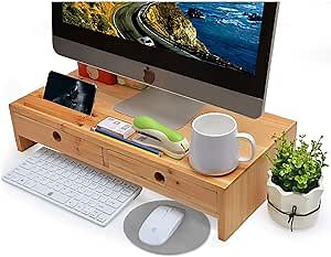 Zri Bamboo Computer Monitor Stand with Drawers - Wood TV Screen Printer Riser 22.05L 10.60W 4.70H inch, Desk Organizer in Home&Office