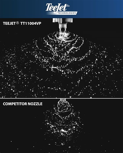 When Performance Matters Under PWM…TeeJet® Delivers. Choose wisely! Not all tips perform equally under PWM. Our premium PWM tips are engineered to: ✓ Form spray patterns quickly ✓ Reach steady-state performance rapidly ✓ Deliver crisp, immediate shutoff ✓ Operate reliably from 30–100% duty cycle See the comparison at 40 PSI, 30% duty cycle: • TeeJet® TT11004VP – fast pattern formation, stable spray, clean shutoff (top video) • Competitor nozzle – delayed pattern formation, unstable spray, incomp