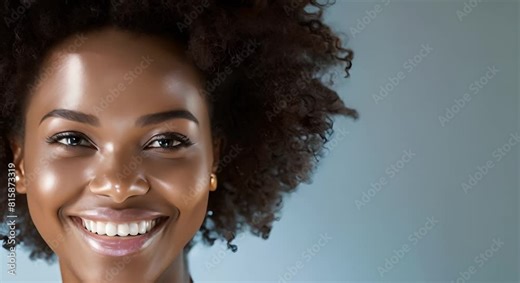 Radiant Black woman with flawless skin and voluminous hair against a white backdrop. Concept Black Woman Portraits, Flawless Skin, Voluminous Hair, White Backdrop, Radiant Beauty