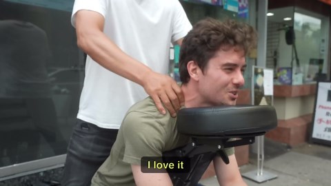 Barefoot Chinese doctor smokes my neck on the street with torch