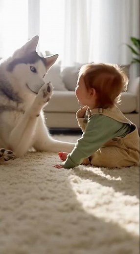 So Adorable! Baby's First High Five with Gentle Husky 💕 #dogshorts