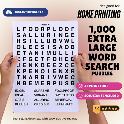 Extra Large Print Word Search Puzzles for Seniors: 43pt Font (print at Home) - Etsy