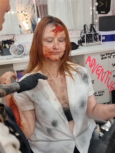 FAUX blood warning ⚠️ zombie !!! zombie prosthetics makeup application with @ennaburton for another little creative get together workshop! using silicone prosthetics modelled by @_thevoicelessartist_ ##sfxmakeup #zombiemakeup #goremakeup #horrormakeup #prostheticsmakeup