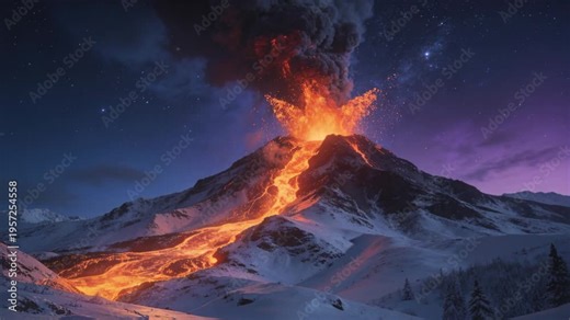 Erupting stratovolcano vent sending lava fountains, plume rising, flowing channel down snowy slopes