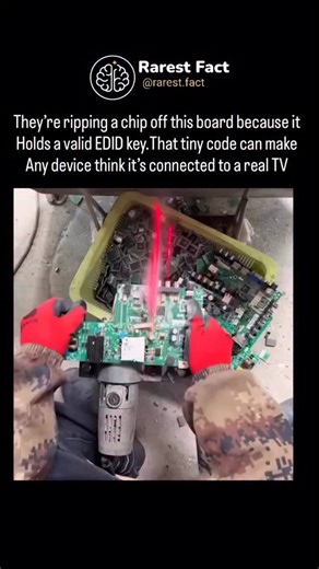 Rarest Facts | Educational Videos 🧠 on Instagram: "This video is about what happens before your screen even displays an image. HDMI devices don’t just send video automatically. First, the source checks for a valid EDID handshake — a digital identity sent by the TV to confirm it’s an authorized display. In this clip, a video decoder chip is removed because it stores a working EDID key. That small chip can allow another device to imitate a legitimate screen, forcing the handshake to succeed. It’s
