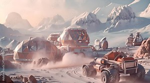 Mars Exploration Habitat and Rover in Simulation with AI generated.