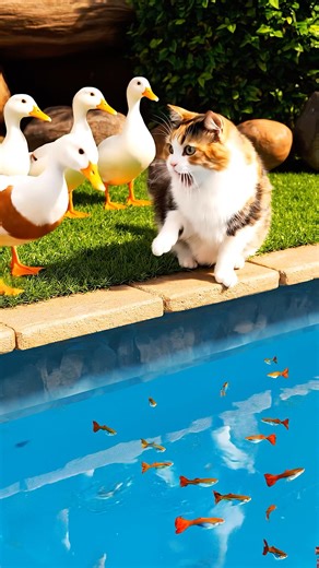 Learning to swim is fun with friends!” 🐱🦆🐟