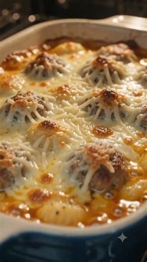 Garlic Butter Meatball Gnocchi Bake! 🧄🧀🤍 #shorts #recipe #gnocchi #food #asmr