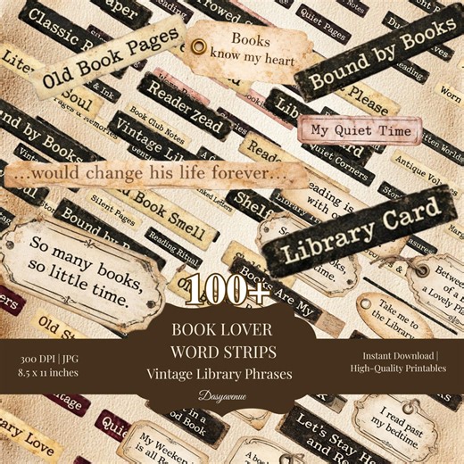 Book Lover Word Strips Printable, Vintage Library Phrases, Junk Journal Ephemera, Reading Quotes, Bookish Collage Strips - Etsy
