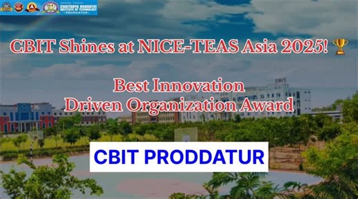 Yerraguntla SocialMedia on Instagram: "🏆 A Global Milestone for CBIT! 🌍✨ We’re proud to share that Chaitanya Bharathi Institute of Technology (CBIT), Proddatur, Y.S.R. Kadapa District, Andhra Pradesh, India, has been honoured with the “Best Innovation-Driven Organization Award” 🏅at the NICE-TEAS ASIA Awards 2025, held in Hanoi, Vietnam 🇻🇳! 💐 Heartfelt appreciation to our visionary Chairman, Dr. V. Jaya Chandra Reddy Sir, whose dynamic leadership and constant encouragement continue to guide