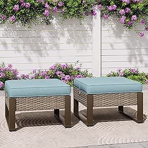 Patio Metal Wicker Ottoman Set of 2, Outdoor PE Rattan Footstools with Removable Cushions & Metal Steel Framed Legs for Garden Backyard Porch Deck, Baby Blue