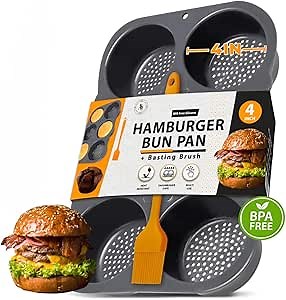 Hamburger Bun Pan, Non-Stick Silicone - Oven-Safe, Vented 6-Cavity Baking Mold, Dishwasher Safe with Basting Brush