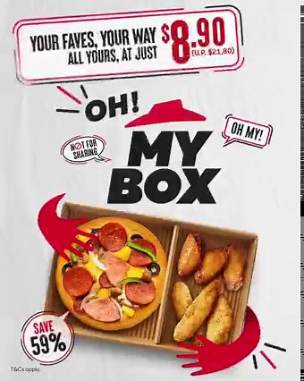 Don't wanna share your Pizza Hut faves? No problem! 😋 Enjoy 1 pizza 2 sides at ONLY $8.90 with My Box and save up to 59%! With 15 pizzas and 10 sides to choose from, there’s something for everyone. Order via web or app for delivery or self-collect today. T&Cs apply. 📱 | Pizza Hut