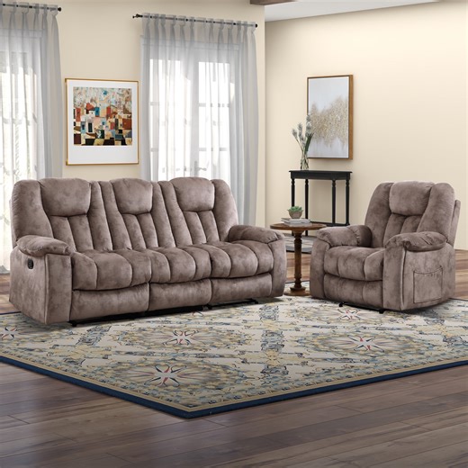 Bonzy Home 2-Piece Reclining Sofa Set, 3-Seat Recliner Sofa and Massage and Heat Recliner Chair, Brown