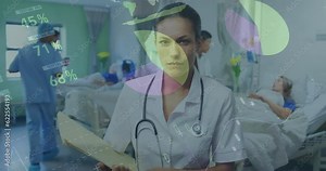 Animation of infographic interface over biracial doctor with notepad standing in hospital