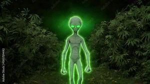 Green Glowing Alien Body Walking into Cannabis Forest Glowing UFO 420 High culture 3D vj loop Trippy visuals 4k Psychedelic Texture Daylight