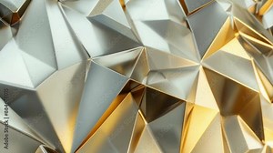 A 3D geometric pattern features interconnected gold and silver facets, creating a dynamic and metallic abstract design. The reflective surfaces catch light, adding depth and a luxurious feel to the
