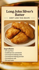 123K views · 2K reactions |  Skip the drive-thru—this Long John Silver’s Batter is light, crispy, and spot on! Use it for fish, chicken, or even onion rings!  茶 Just mix: • Flour, cornstarch, baking soda, baking powder, salt, water Then dip & fry till golden!  You’ll want this one saved — it’s that good. #RecipeoftheDay #CookingatHome #EasyRecipes | Easy to Follow | Facebook