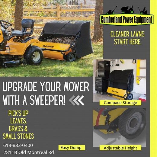 Speed up your fall clean up with a tow behind sweeper! Works with almost any brand mower. | Cumberland Power Equipment Inc. | Facebook