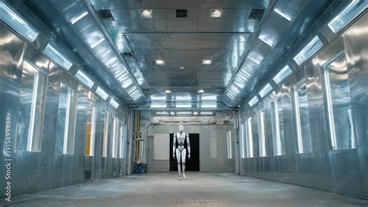Medium shot showcasing an automated paint booth where AI optimizes spray patterns ensuring consistent coating thickness and environmental sustainability.