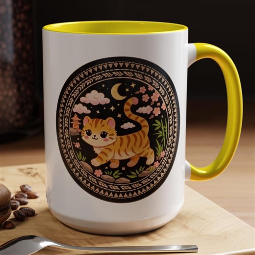 Tiger Mug, Cute Night Sky Floral, Ceramic Accent Coffee Mug, Color Handle, 11oz 15oz - Etsy