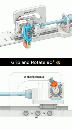 Mechdesign98 on Instagram: "Smart Gripper Rotates 90° ⚙ #engineering #machine #mechanism #3dprinting This short video demonstrates a Grip and Rotate 90° mechanism, commonly used in automated assembly machines. The system uses two pneumatic cylinders: One cylinder controls the gripping action. The second cylinder retracts the gripper assembly. During retraction, the gripper is mechanically linked to a cam groove, which forces the gripper to rotate exactly 90 degrees. #technology"