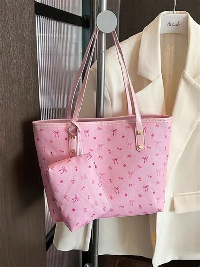 2pcs/Set New Large Capacity All-Over Allover Print Bow & Floral Design Dual Handle Tote Bag, Suitable For Work, Commute, Backpack, High Capacity, Portable, Classic Casual, Business Casual, Suitable For Teenage Girls, Female College Students, White-Collar Workers, Perfect For Work, Back To School, Middle School, High School, University, Vacation, Fashionable Zipper Tote Bag | SHEIN