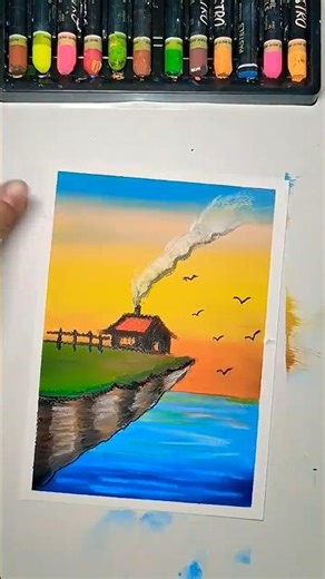 Sunset Mountain Drawing with Oil Pastels | Step-by-Step Tutorial for Beginners#youtubeshorts #shorts