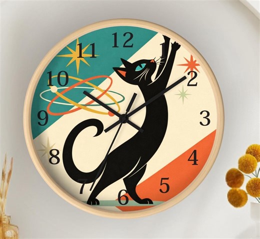 Retro Black Cat Wall Clock, Mid Century Atomic Starburst Design - Etsy