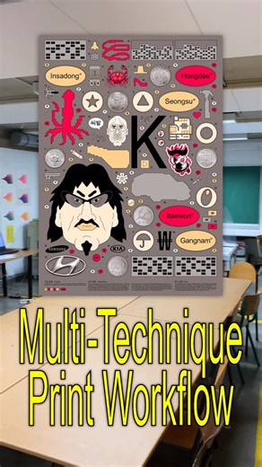 Filippo Fontana on Instagram: "A multi-technique printing process combining laser, inkjet, and Riso in a single print. The black outlines, grayscale, and colours are split into four separate channels. A short edit showing the full printing process. Made at @printlab_esastluc_bxl #illustration #illustrations #printing #paper #printer #illustratedposter #posterillustration #printmaking #printingprocess #multitechnique #layeredprinting #riso #risoprint #inkjet #inkjetprint #comcolor #laserprint #hy