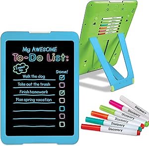 Discovery Neon Glow Drawing Easel w/ 6 Color Markers, Built-in Kickstand/Wall Mount, 5 Light Modes, Easy Clean/Washable, Wide Screen, Flat Storage, Portable Travel Activity, Electronic Activity