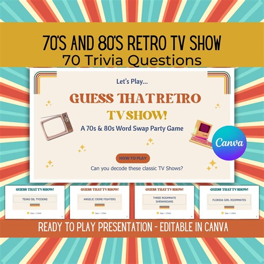 TV Trivia Game-retro 70s & 80s, Printable Party Game, 70 Clues, Editable Canva Template, Printable PDF Version, Sitcoms, Dramas, Game Shows - Etsy UK