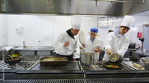 Team of professional chefs preparing food in a commercial kitchen