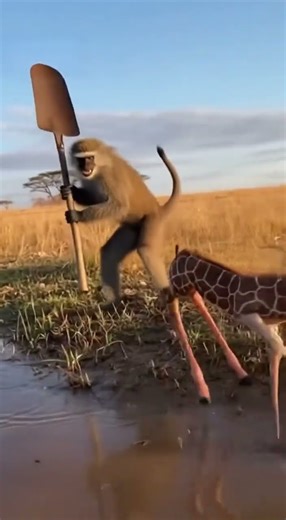 A monkey saves a baby giraffe from the jaws of a crocodile