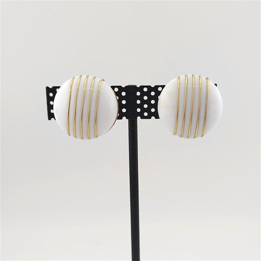 Signed Crown Trifari White Enamel Striped Clip-on Earrings- Vintage Gold Tone - Etsy