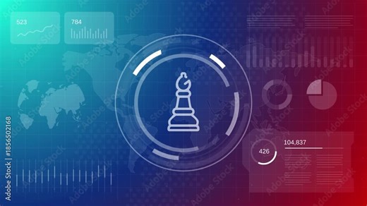 Bishop chess piece animation with global market data and financial charts for strategic management and corporate planning visual