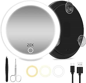 Amazon.com : 20X Magnifying Mirror with Light, Large 6'' Makeup 20X Magnification, Travel Magnified Mirror with 3 Color Lights & Suction Cups, with Tweezers and Scissors - Perfect for Makeup & Close-Up Tasks : Beauty & Personal Care