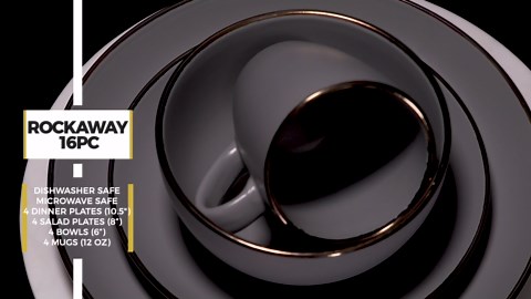 Gibson Home Rockaway Round Stoneware Dinnerware Set, Service for 4 (16pcs), Black/Gold Rim