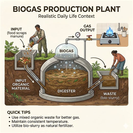 an educational infographic titled "Biogas Production Plant: Realistic Daily Life Context." It illustrates the sustainable cycle of converting organic waste into renewable energy and nutrient-rich fertilizer. The diagram uses a cross-section view to show how a small-scale anaerobic digester functions in a residential or farm setting. 1. INPUT: ORGANIC WASTE On the left side, a person is shown pouring food scraps and manure into an inlet tank. 🔸 The Process: Gravity and water flow carry this "Inp