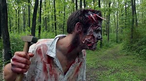 crazy scary zombie standing in the woods and looking for the victim
