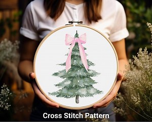 Christmas Tree Cross Stitch Pattern, Pink Bow Christmastree X-mas Art Counted, Merry Christmas Cross Stitch Pattern, Winter Cross Stitch - Etsy