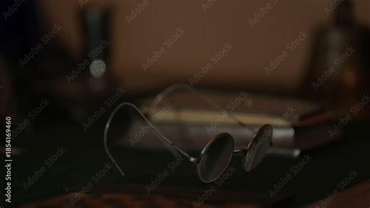 Vintage round spectacles rest on a dark felt surface. A blurred background reveals an old desk with books, evoking a sense of history, knowledge, and quiet contemplation, perfect for period pieces.