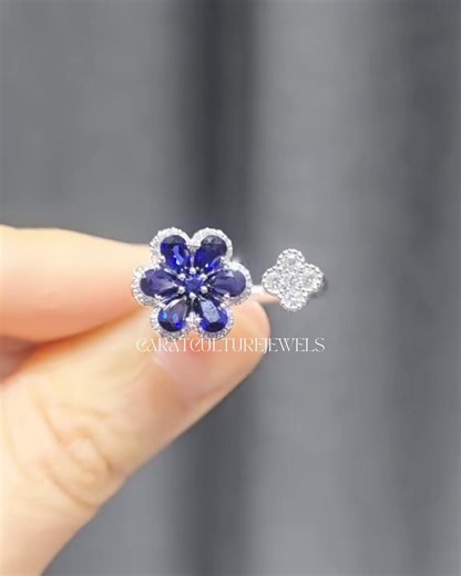 Blue Lab Created Sapphire & Moissanite Flower Open Bypass Ring, Pear Cut Blue Gemstone Floral Ring, Clover Design Unique Toi Et Moi Ring - Etsy