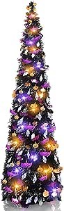 5FT Pop Up Collapsible Artificial Tree, Orange & Purple 60 LED Lights Timer for Halloween Home Party Indoor/Outdoor Decorations