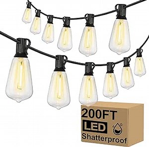 Brightever Outdoor String Lights 200FT Waterproof, Patio String Lights for Outside with 100+4 ST38 Shatterproof LED Filament Bulbs, Dimmable Hanging Lights for Christmas, Party, Cafe (2-Pack 100FT)