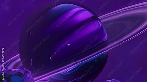 Purple planet with rings and small moons, space animation