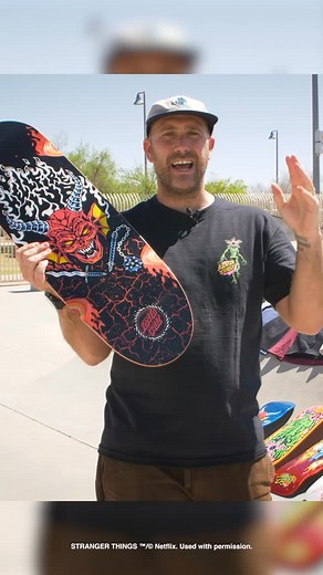 14K views · 198 reactions | This limited Stranger Things collab features a lineup of multicolor glow-in-the-dark decks and a range of Stranger Things-inspired apparel that brings the world of Hawkins under your feet and to your closet. Bold graphics, haunting details, and that unmistakable Santa Cruz look—all designed to turn heads whether you’re bombing down that hill or heading into the Upside Down. Tag your local shop and let them know you want it. | Santa Cruz Skateboards | Facebook