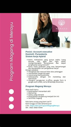 LokerPurwokerto on Instagram: "Program Magang di Merayu Posisi: Account executive Domisili: Purwokerto Sistem kerja Hybrid Kamu mahasiswa yang punya waktu luang banyak, ulet, gigih dan ingin selalu mengembangkan kemampuan dan dapat penghasilan yang menarik? Kamu fresh graduate yang mau bersemangat dan berdedikasi cari pengalaman kerja? Dengan jobdesk: Mengelola dan mencari klien atau pelanggan Memastikan target tercapai merancang iklan/publisitas Bekerjasama dengan tim marketing dan opersional M