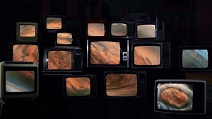 The Great Red Spot, an Ancient Storm in the Atmosphere of Jupiter, in Multi Screen. Blue Dark Tone. Elements of this video furnished by NASA.